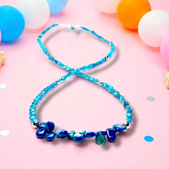 Natural Apatite and Black Opal Wrap Bracelet, Necklace Solid 14k White Gold - Picture 5 of 7